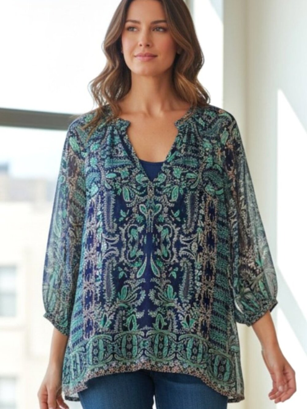 Gorgeous Charter Club Sheer Multicolor Paisley 3/4 Sleeve Blouse Size PM EUC